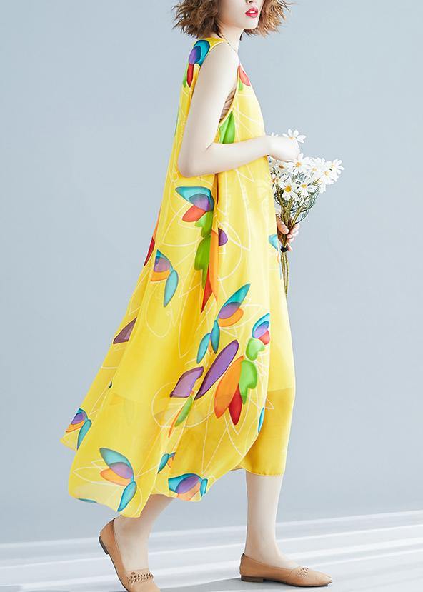 Beautiful yellow print chiffon Robes Korea Tutorials o neck false two pieces long Summer Dress - bagstylebliss
