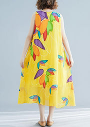 Beautiful yellow print chiffon Robes Korea Tutorials o neck false two pieces long Summer Dress - bagstylebliss