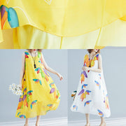 Beautiful yellow print chiffon Robes Korea Tutorials o neck false two pieces long Summer Dress - bagstylebliss