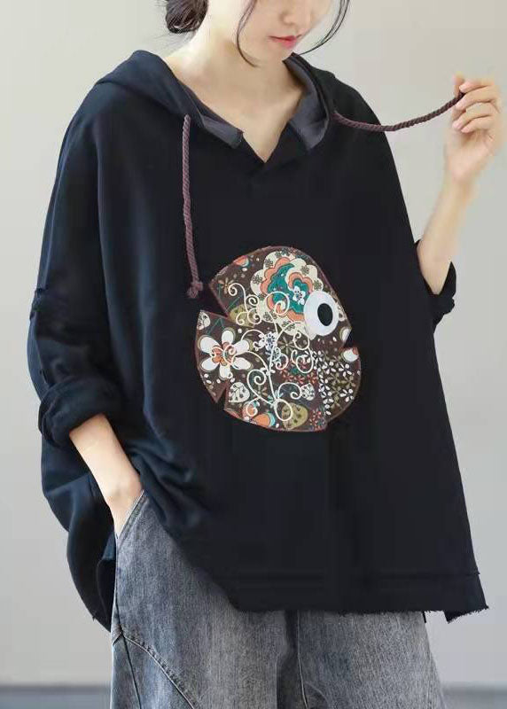 Beautiful Navy Hooded Drawstring Embroideried Fall Side Open Sweatshirts Top