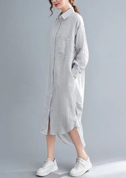 Beautiful nude white striped linen clothes For Women Korea Sewing side open Dresses lapel collar Dresses