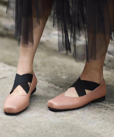 Beige Ballet Flats Shoes Cowhide Leather Boutique Cross Strap Ballet Flats Shoes - bagstylebliss