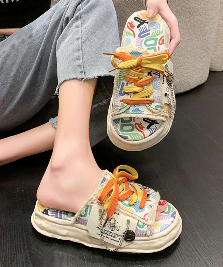 Beige Canvas Lace Up Doodle Splicing Platform Slide Sandals