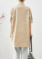 Beige Cotton Long Shirts Oversized Pockets Short Sleeve