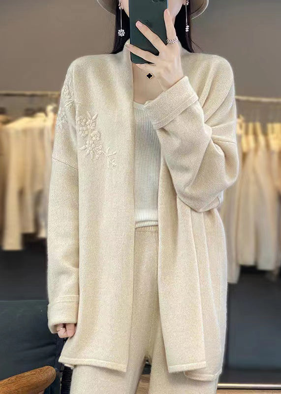 Beige Cozy Patchwork Cashmere Cardigan V Neck Long Sleeve