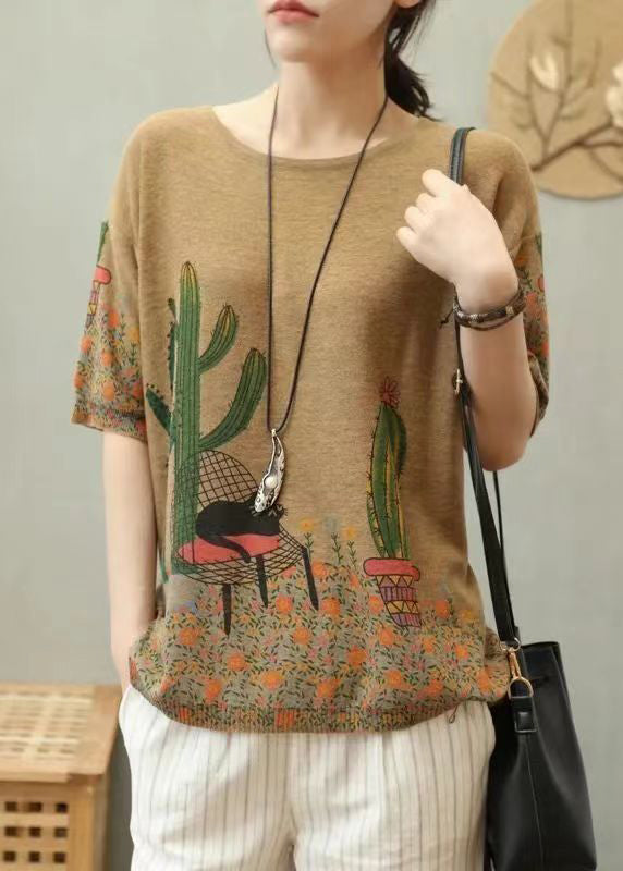 Beige Cozy Patchwork Cotton Knit Top O Neck T Short Short Sleeve