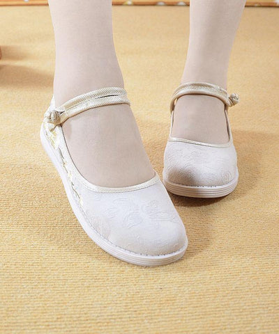 Beige Embroideried Cotton Fabric Flat Shoes Buckle Strap Flat Shoes - bagstylebliss