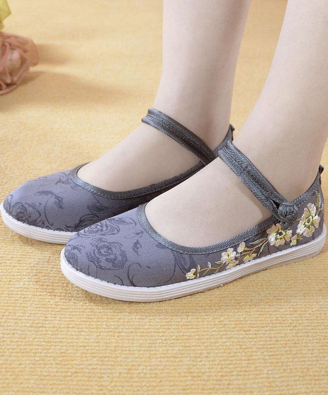 Beige Embroideried Cotton Fabric Flat Shoes Buckle Strap Flat Shoes - bagstylebliss