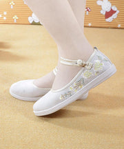 Beige Embroideried Cotton Fabric Flat Shoes Buckle Strap Flat Shoes - bagstylebliss