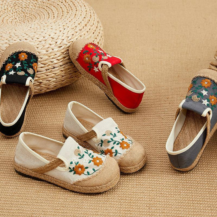 Beige Embroideried Linen Fabric Flats - bagstylebliss