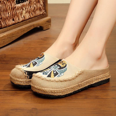 Beige Embroideried Linen Fabric Slippers Shoes Splicing - bagstylebliss