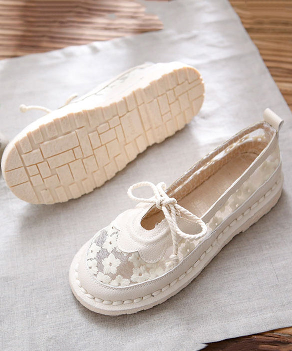 Beige Flat Feet Shoes Splicing Lace Up Hollow Out Embroidery