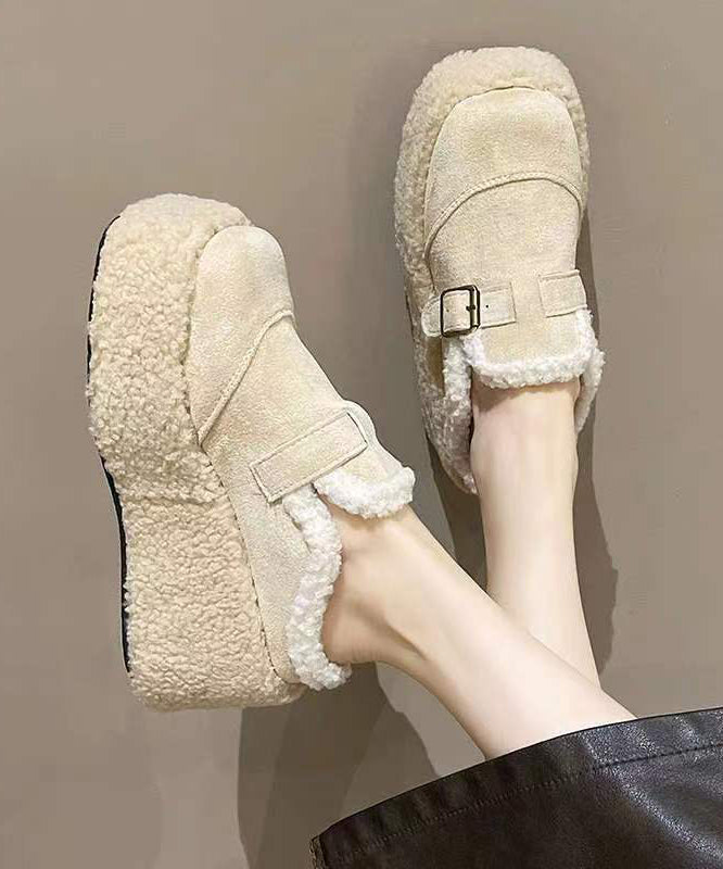 Beige Fuzzy Wool Lined Slippers Shoes Platform Wedge Heels