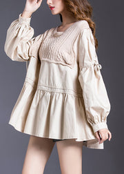 Beige Knit Patchwork Cotton Top lantern sleeve