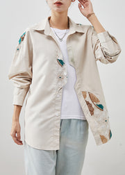 Beige Patchwork Cotton Shirts Embroidered Fall