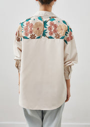 Beige Patchwork Cotton Shirts Embroidered Fall