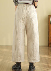 Beige Pockets Loose Fine Cotton Filled Straight Pants Elastic Waist Winter