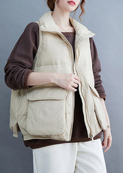 Beige Pockets Patchwork Fine Cotton Filled Vest Zip Up Sleeveless