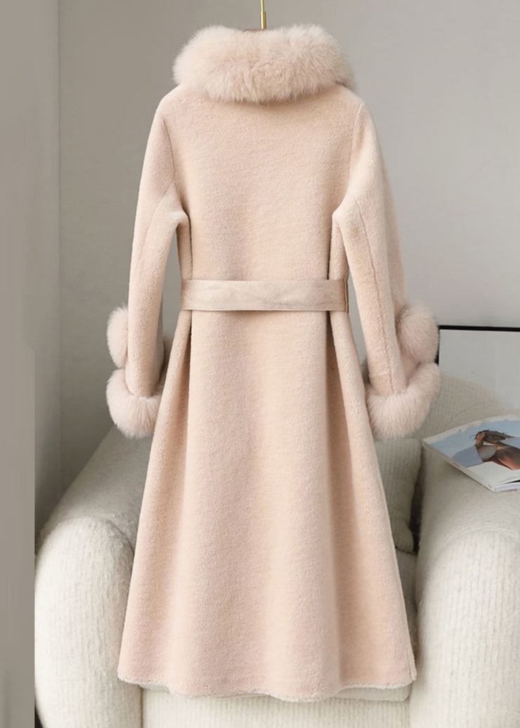 Beige Pockets Patchwork Fuzzy Fur Long Coat Fur Collar Long Sleeve