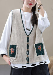 Beige Retro V Neck Fall Button Sleeveless Knit Vest - bagstylebliss