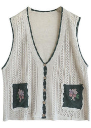 Beige Retro V Neck Fall Button Sleeveless Knit Vest - bagstylebliss