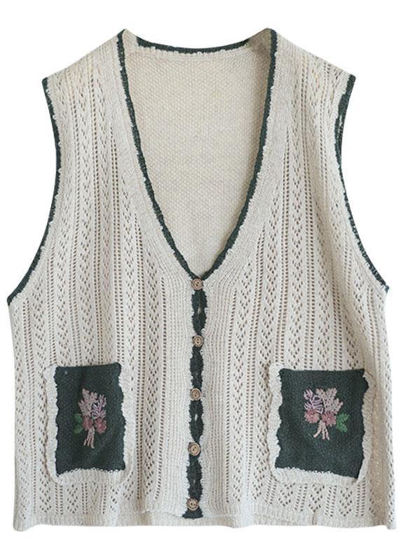 Beige Retro V Neck Fall Button Sleeveless Knit Vest - bagstylebliss