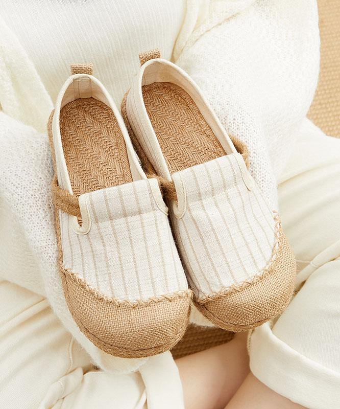 Beige Striped Cotton Linen Flat  Flat Shoes For Women - bagstylebliss