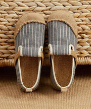 Beige Striped Cotton Linen Flat  Flat Shoes For Women - bagstylebliss