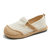 Beige Striped Cotton Linen Flat  Flat Shoes For Women - bagstylebliss