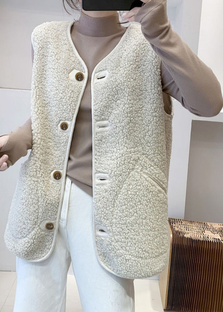 Beige V Neck Button Faux Fur Waistcoat Fall