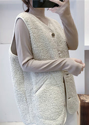 Beige V Neck Button Faux Fur Waistcoat Fall