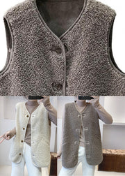 Beige V Neck Button Faux Fur Waistcoat Fall