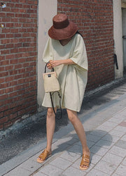 Beige V Neck Linen Mid Dress Flare Sleeve