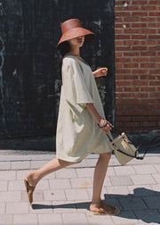 Beige V Neck Linen Mid Dress Flare Sleeve