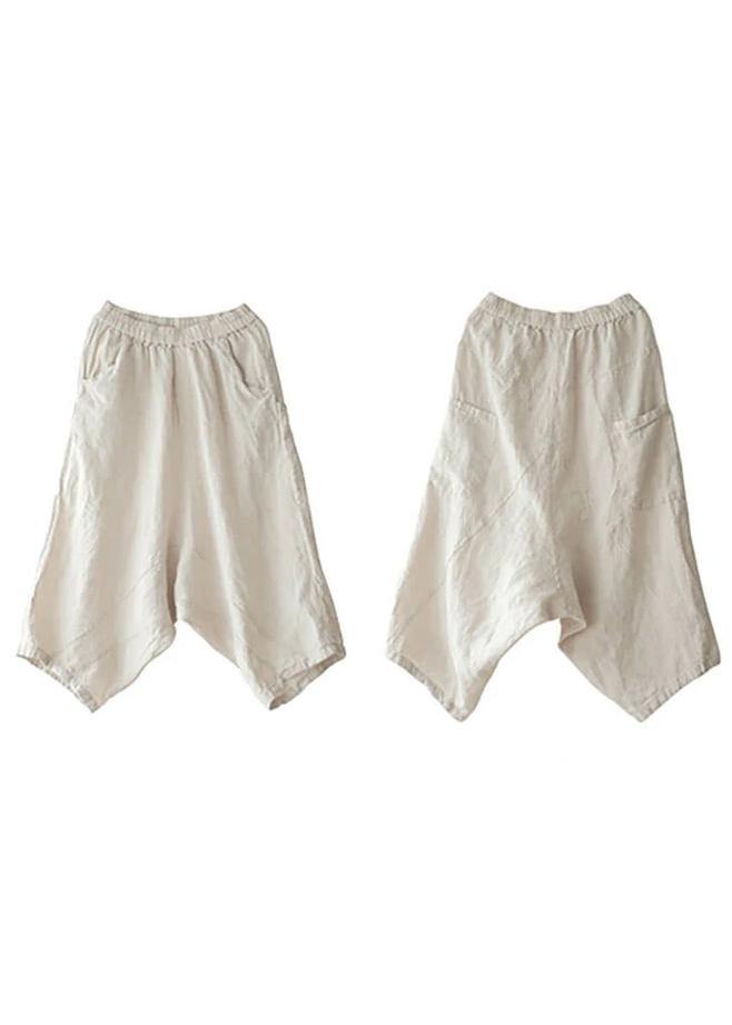 Beige Women Casual Solid Color Linen Pocket Pants - bagstylebliss