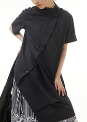 Black Asymmetrical Button Solid Cotton Maxi Shirts Short Sleeve