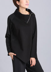 Black Asymmetrical Design Zippered Fall Blouse Tops Long Sleeve