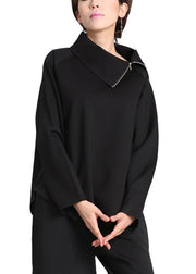 Black Asymmetrical Design Zippered Fall Blouse Tops Long Sleeve