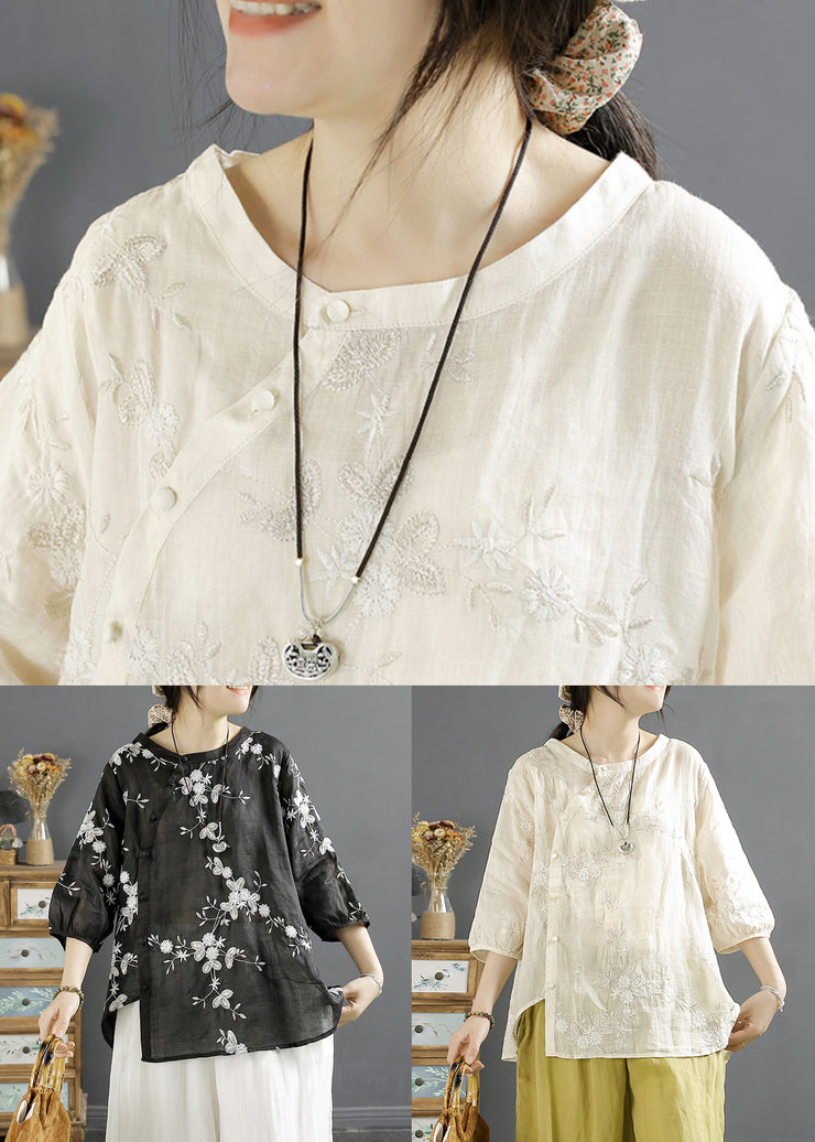 Black Asymmetrical Linen Blouses O Neck Bracelet Sleeve