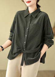 Black Asymmetrical Patchwork Button Corduroy Top Fall