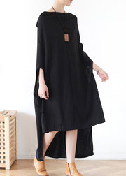 Black Backless Baggy Cotton Long Dress Low High Design Batwing Sleeve