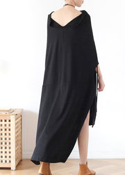 Black Backless Baggy Cotton Long Dress Low High Design Batwing Sleeve