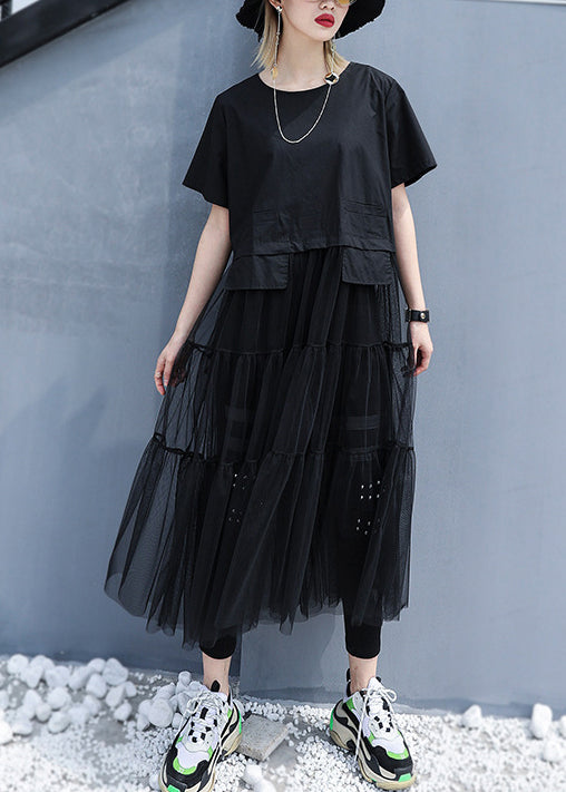 Black Baggy Tulle Patchwork A Line Dress O-Neck Oversized Short Sleeve