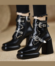 Black Boots Chunky Heel Cowhide Leather Stylish Rivet Zippered