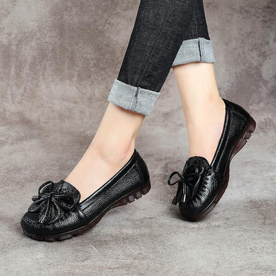 Black Bow Flat Shoes Genuine Leather Handmade  Flat Shoes - bagstylebliss