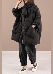 Black Bow Pockets zippered Winter Duck Down Coat Long Sleeve