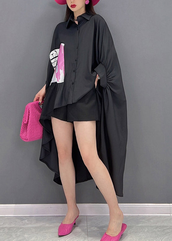 Black Button Low High Design Shirts Batwing Sleeve