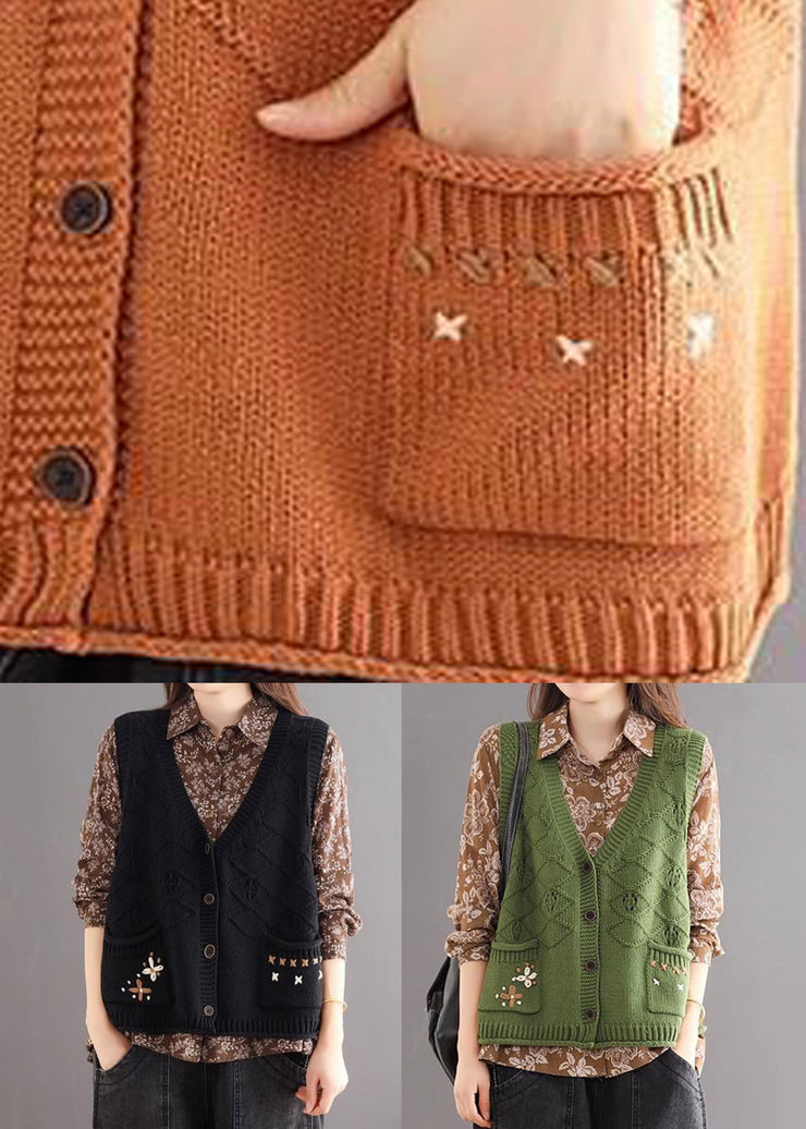 Black Button Patchwork Cozy Cotton Knit Waistcoat V Neck Fall