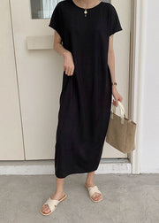 Black Button Patchwork Knit Maxi Dresses O Neck Summer