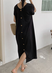 Black Button Patchwork Knit Maxi Dresses O Neck Summer